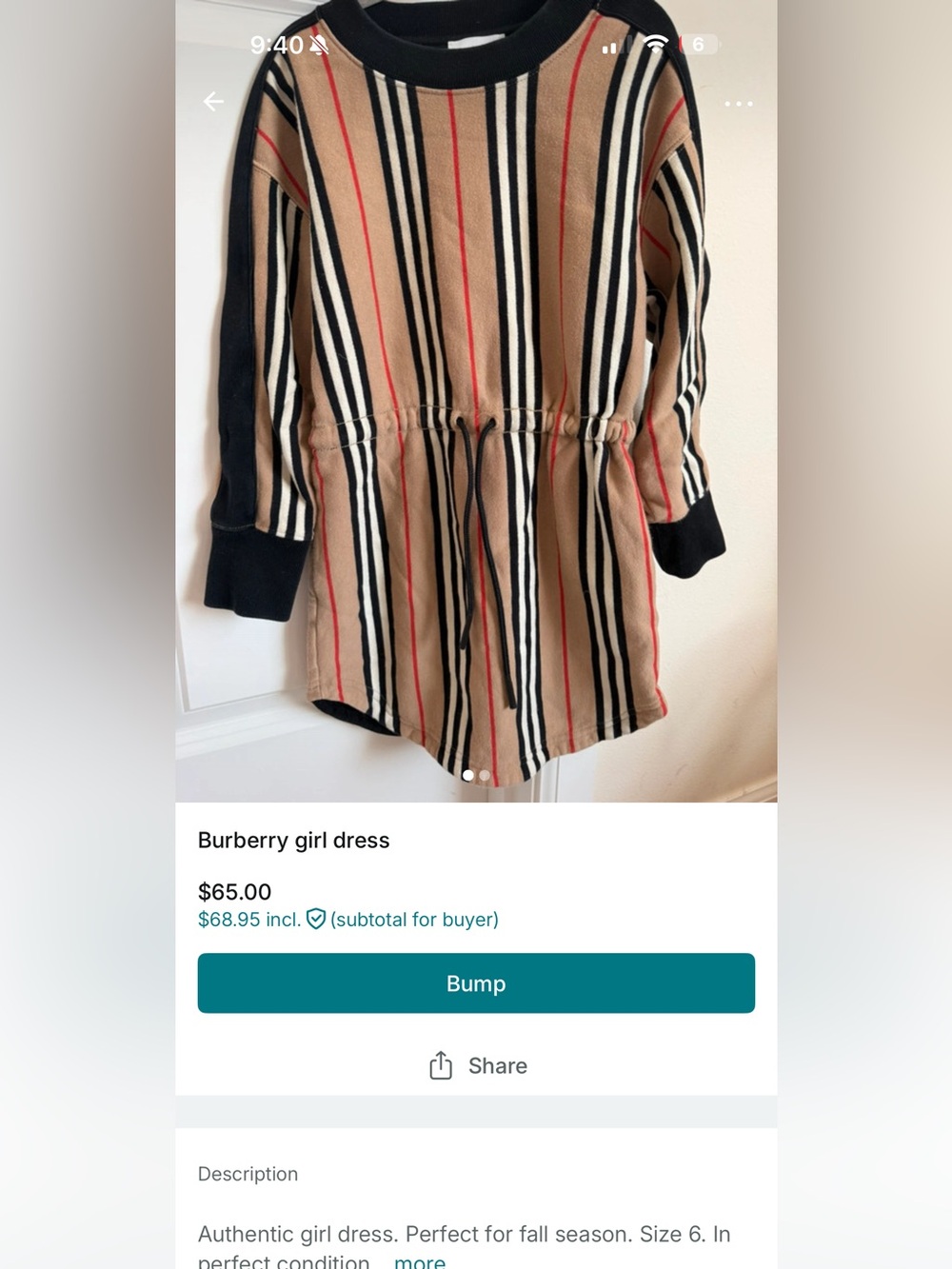 Burberry Tan Black Red Striped Drawstring Sweatshirt Dress
